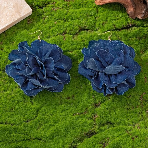 Bohemian Handmade Denim Fabric Flower Dangle Earrings, Blue - Picture 3 of 5